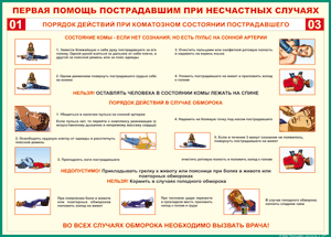 Таблица "Порядок действий при коматозном состоянии пострадавшего" (100х140 сантиметров, винил) - fgospostavki.ru - Белово